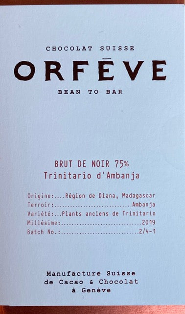Orfève__ Brut de noir Madagascar__ 75% Trinitario d'Ambanja__ tablette de 70g